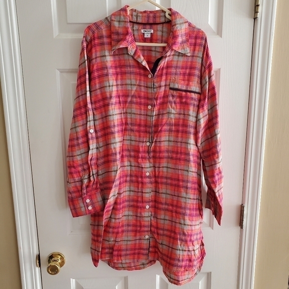 DKNY Pink Print Plaid Nightshirt with pockets size M - Picture 1 of 7